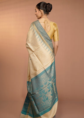 Cream Handloom Tussar Pure Silk Saree With Blouse Piece