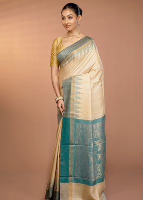 Cream Handloom Tussar Pure Silk Saree With Blouse Piece