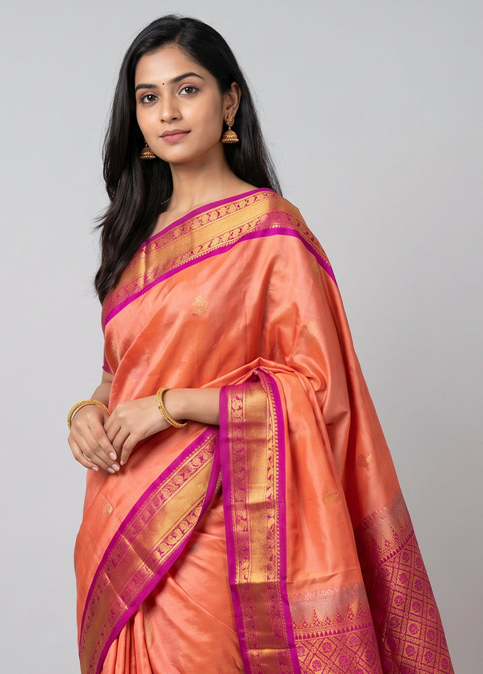 Peach Kanjivaram Silk Saree With Blouse Piece