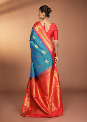 Blue Kanjivaram Silk Saree With Blouse Piece