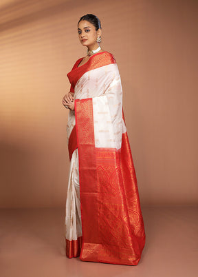 White Kanjivaram Silk Saree With Blouse Piece