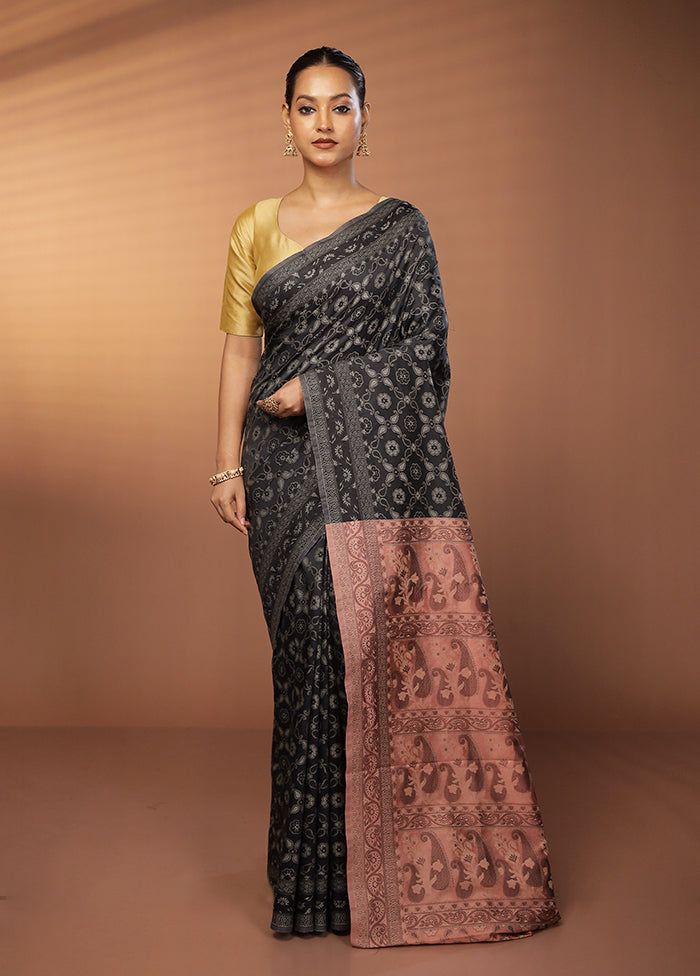 Black Dupion Silk Saree With Blouse Piece