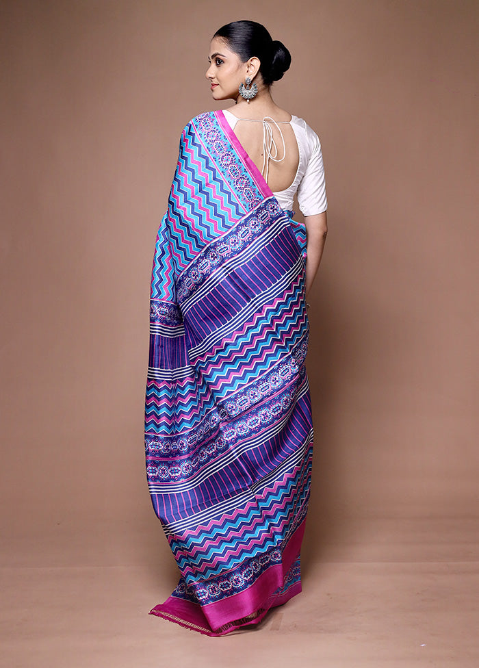 Blue Printed Silk Saree With Blouse Piece