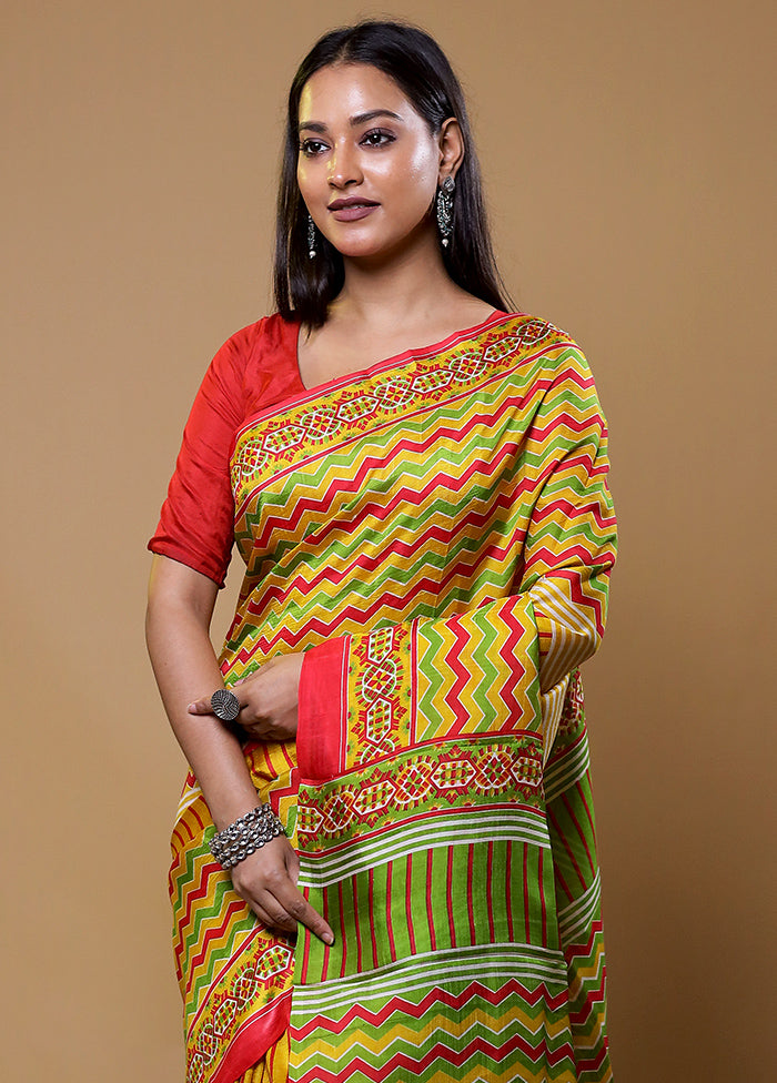 Green Printed Silk Saree Without Blouse Piece