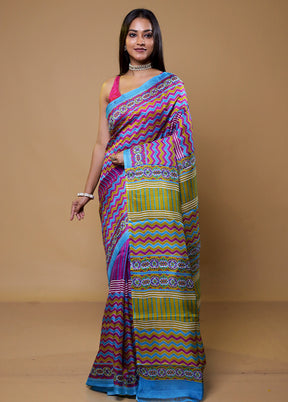 Purple Printed Silk Saree Without Blouse Piece