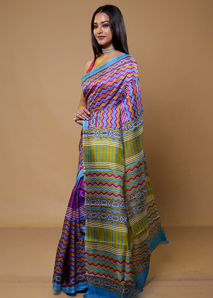 Purple Printed Silk Saree Without Blouse Piece