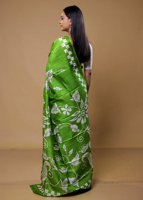 Green Printed Silk Saree Without Blouse Piece
