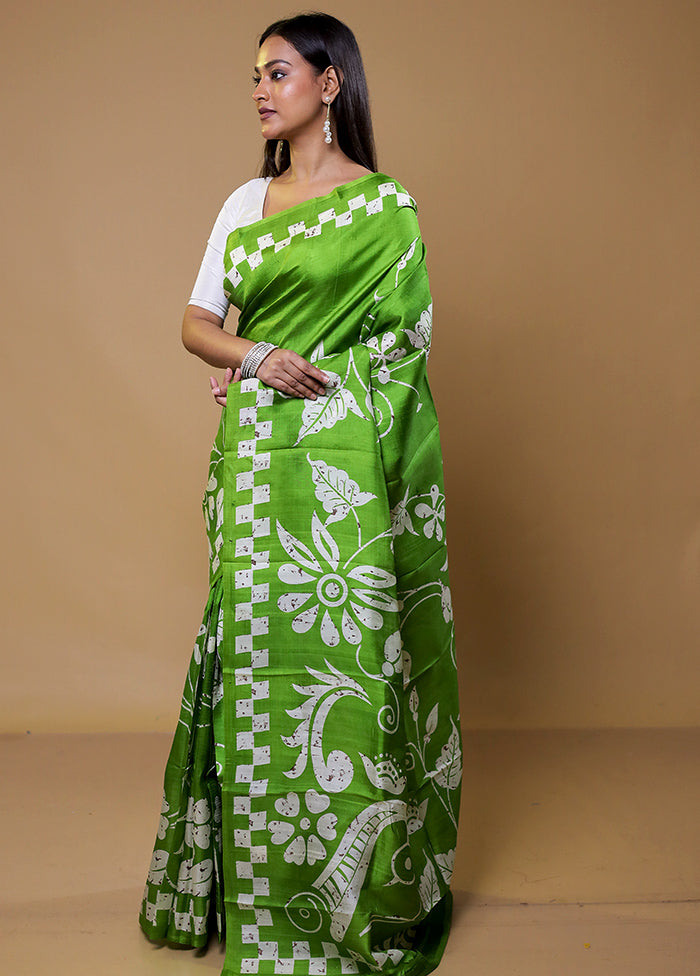 Green Printed Silk Saree Without Blouse Piece