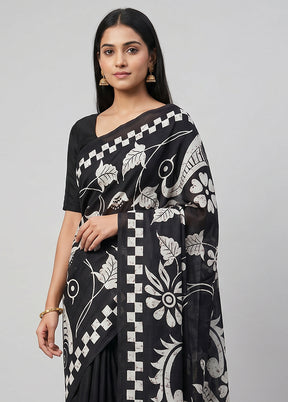 Black Printed Silk Saree Without Blouse Piece