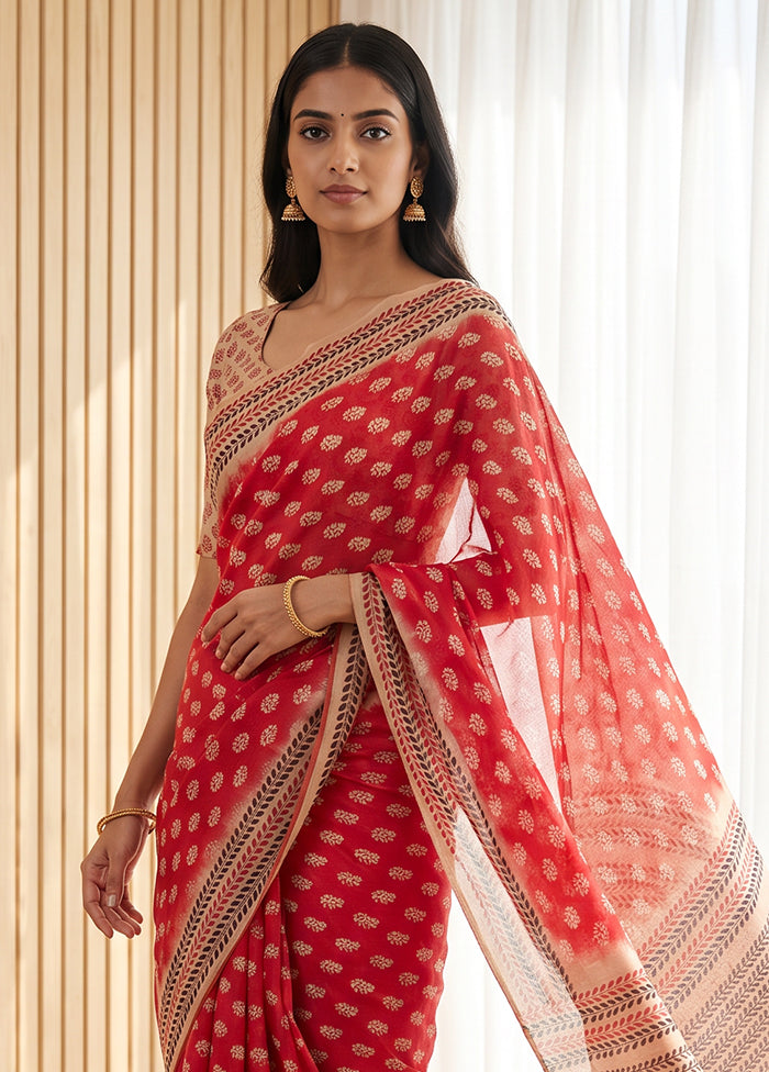 Red Printed Pure Silk Saree Without Blouse Piece