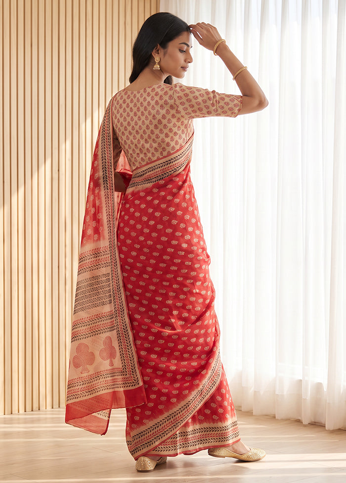 Red Printed Pure Silk Saree Without Blouse Piece