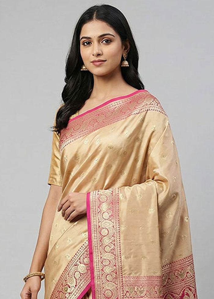 Cream Handloom Banarasi Pure Silk Saree With Blouse Piece