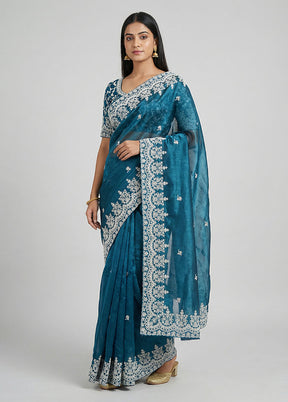 Blue Tissue Silk Saree With Blouse Piece