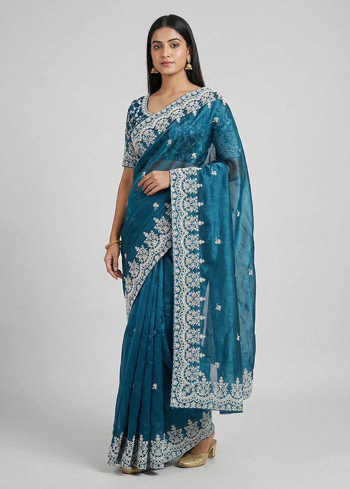 Blue Tissue Silk Saree With Blouse Piece