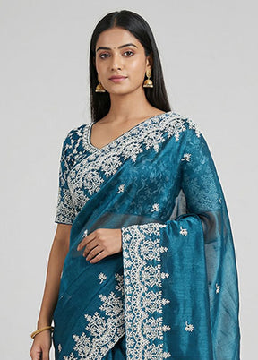 Blue Tissue Silk Saree With Blouse Piece