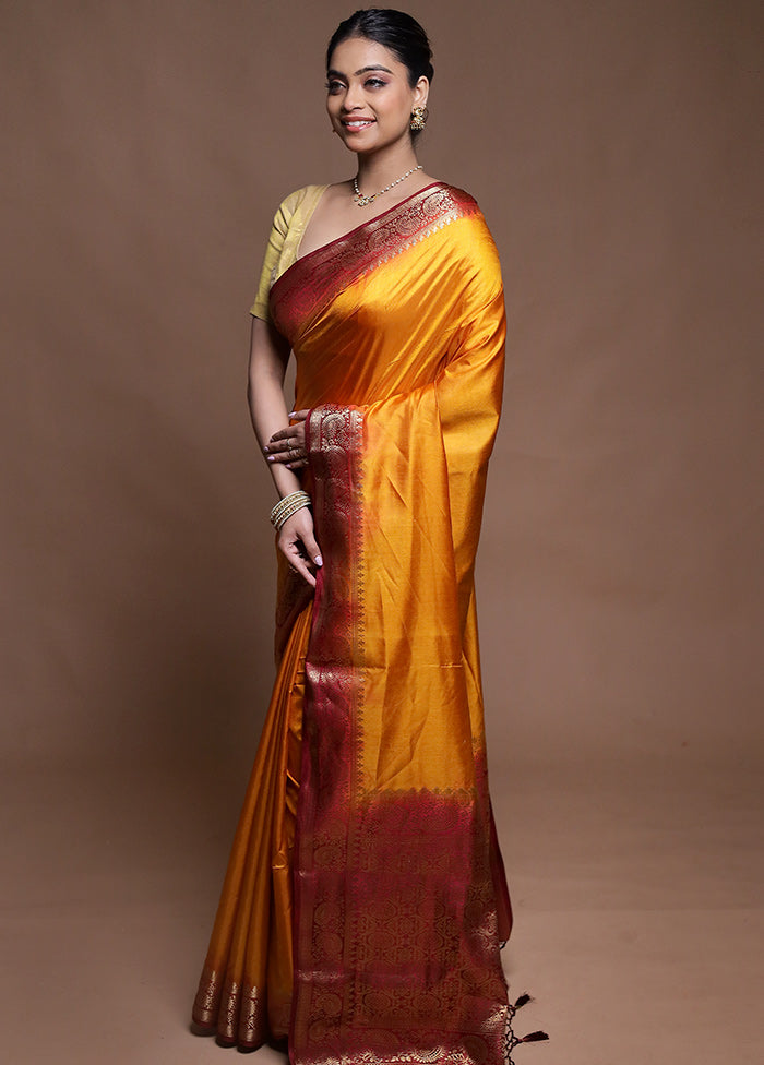 Yellow Dupion Silk Saree With Blouse Piece