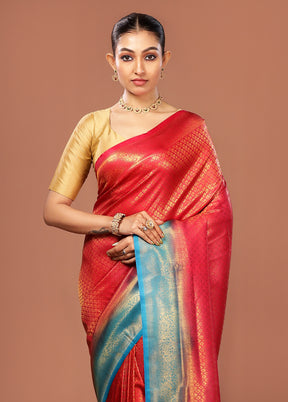 Red Dupion Silk Saree With Blouse Piece