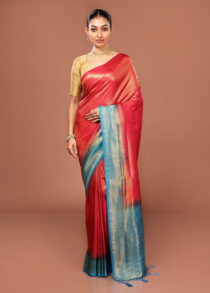 Red Dupion Silk Saree With Blouse Piece