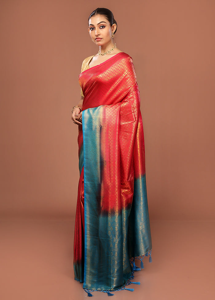 Red Dupion Silk Saree With Blouse Piece