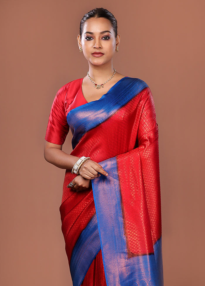 Red Dupion Silk Saree With Blouse Piece