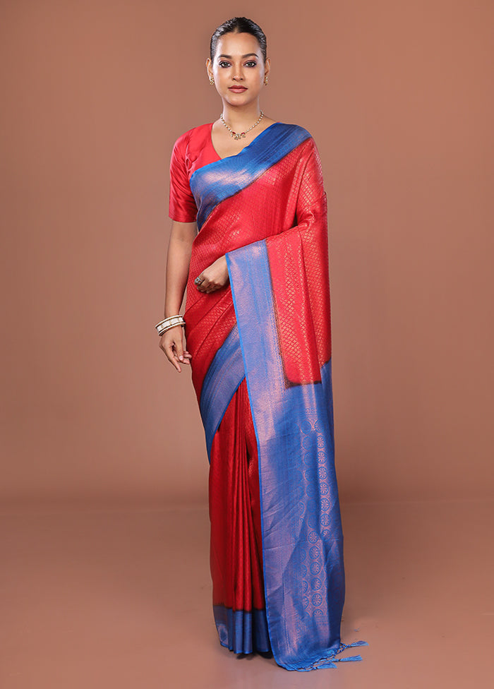 Red Dupion Silk Saree With Blouse Piece