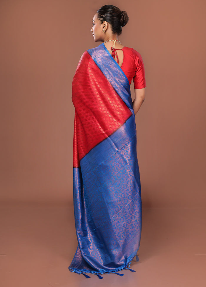 Red Dupion Silk Saree With Blouse Piece
