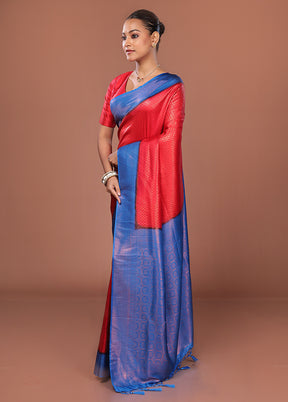 Red Dupion Silk Saree With Blouse Piece