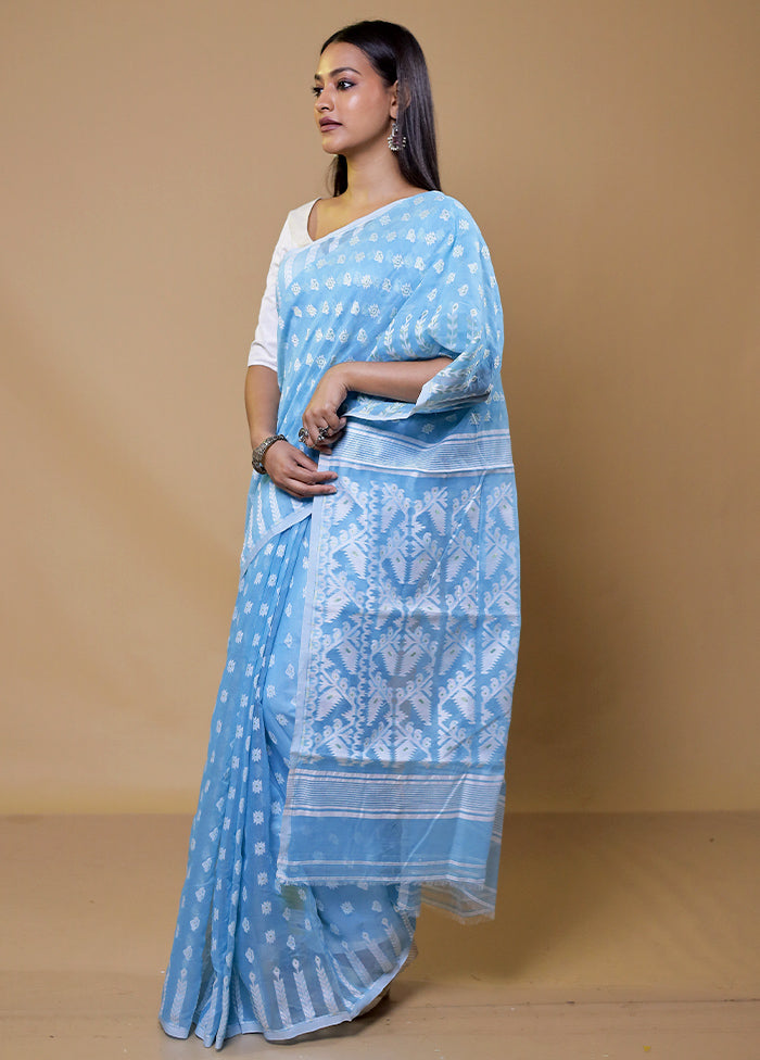 Blue Tant Jamdani Saree Without Blouse Piece