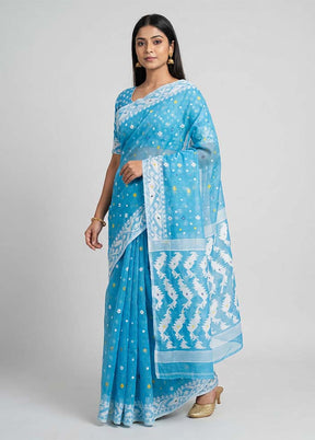 Blue Jamdani Cotton Saree Without Blouse Piece