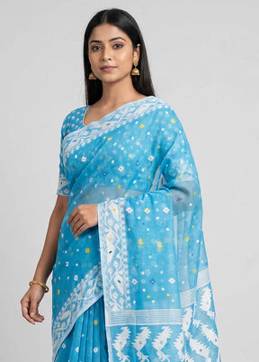 Blue Jamdani Cotton Saree Without Blouse Piece