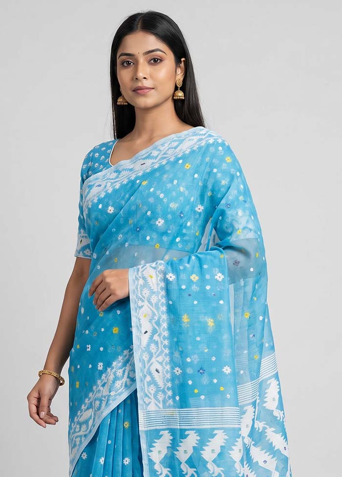 Blue Jamdani Cotton Saree Without Blouse Piece