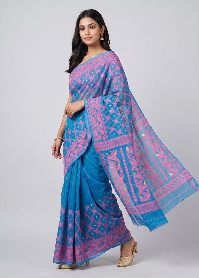 Blue Jamdani Cotton Saree Without Blouse Piece