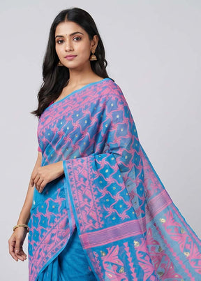 Blue Jamdani Cotton Saree Without Blouse Piece