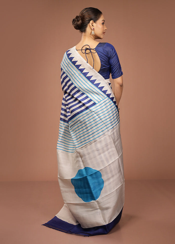 Blue Printed Pure Silk Saree Without Blouse Piece