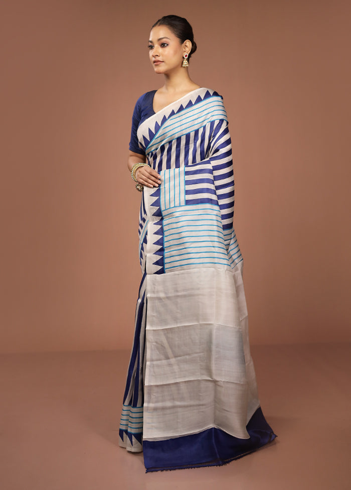Blue Printed Pure Silk Saree Without Blouse Piece