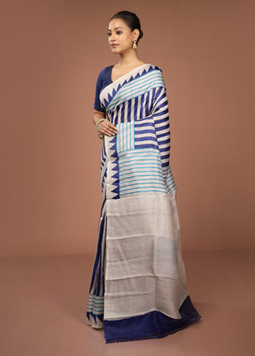 Blue Printed Pure Silk Saree Without Blouse Piece