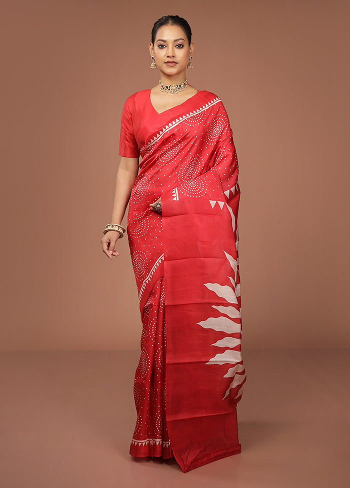 Red Printed Pure Silk Saree Without Blouse Piece