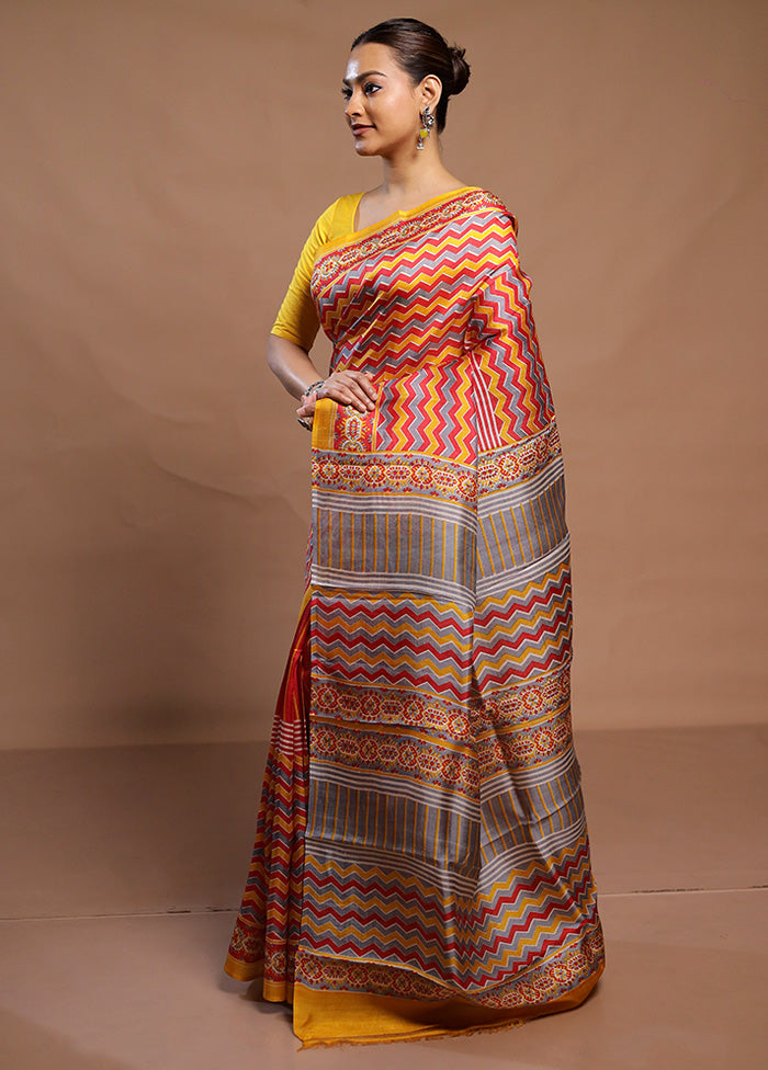 Multicolor Printed Silk Saree Without Blouse Piece