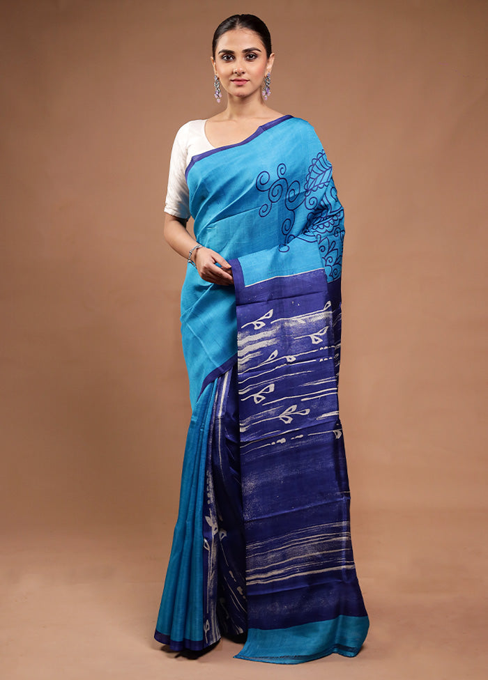 Blue Printed Silk Saree Without Blouse Piece