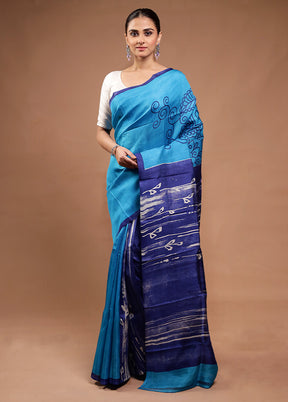 Blue Printed Silk Saree Without Blouse Piece