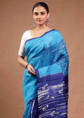 Blue Printed Silk Saree Without Blouse Piece