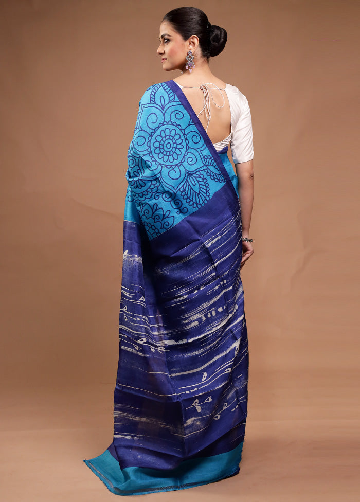 Blue Printed Silk Saree Without Blouse Piece