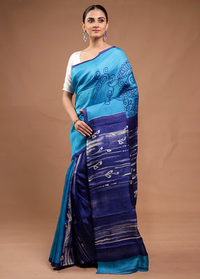 Blue Printed Silk Saree Without Blouse Piece