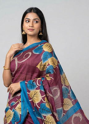 Purple Printed Silk Saree Without Blouse Piece