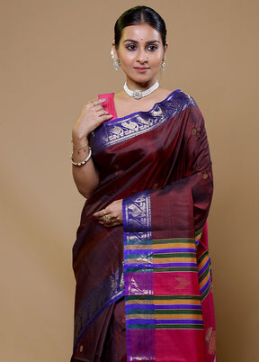 Maroon Kalakshetra Pure Silk Saree With Blouse Piece