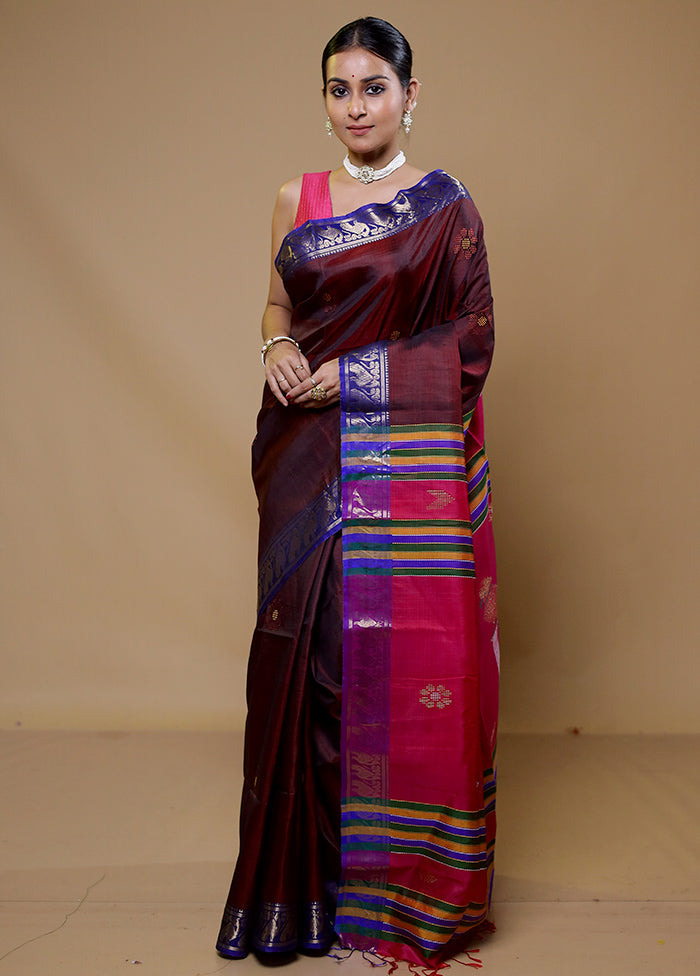 Maroon Kalakshetra Pure Silk Saree With Blouse Piece