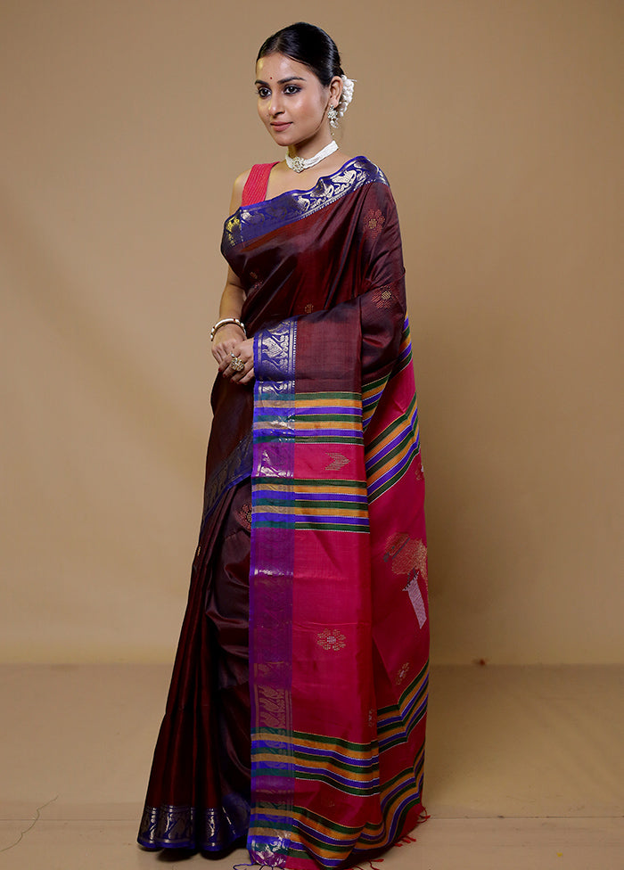 Maroon Kalakshetra Pure Silk Saree With Blouse Piece
