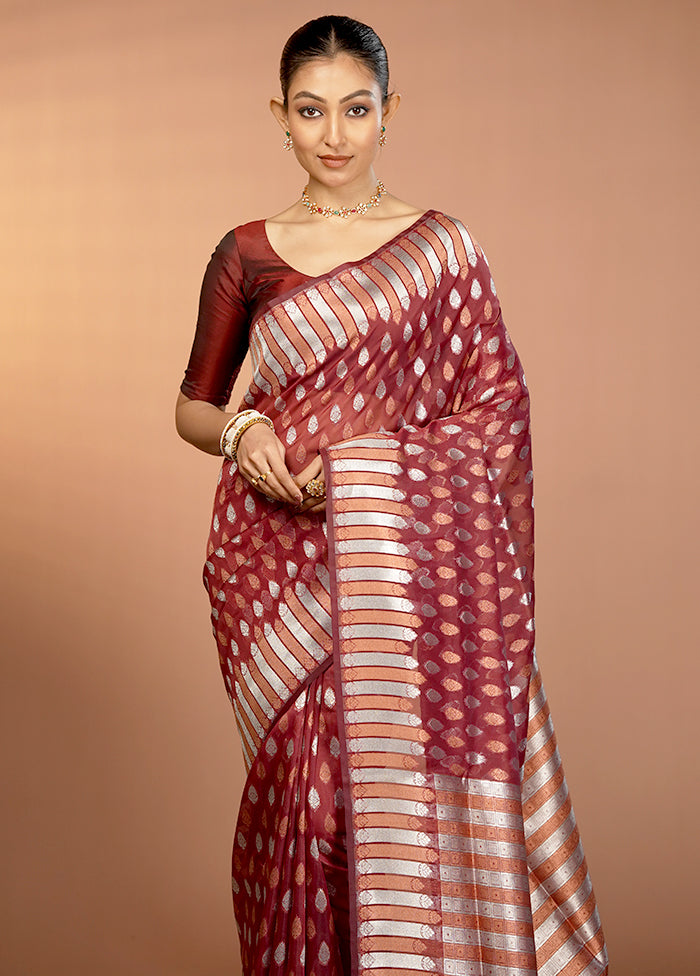 Maroon Organza Saree With Blouse Piece