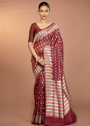 Maroon Organza Saree With Blouse Piece