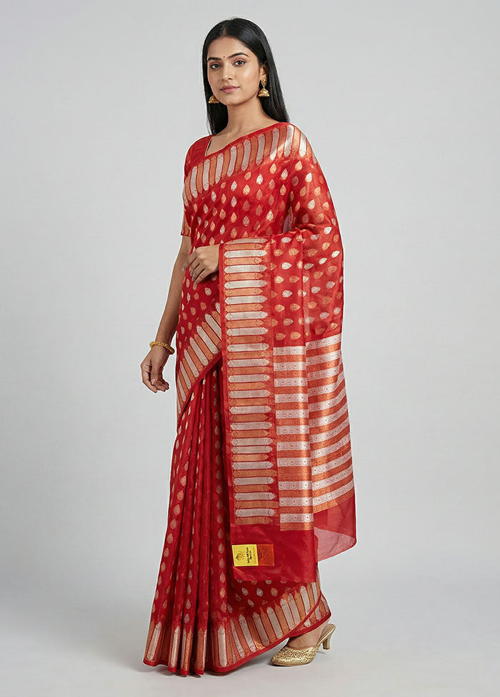 Red Organza Saree With Blouse Piece